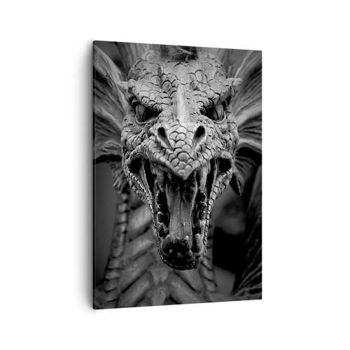 Cuadro sobre lienzo - Impresión de Imagen - Una cabeza de dragón amenazante en blanco y negro con detalles expresivos. - 50x70cm - Dragón de cuento de hadas en gris - Decoración de pared moderna para salón y dormitorio ARTTOR