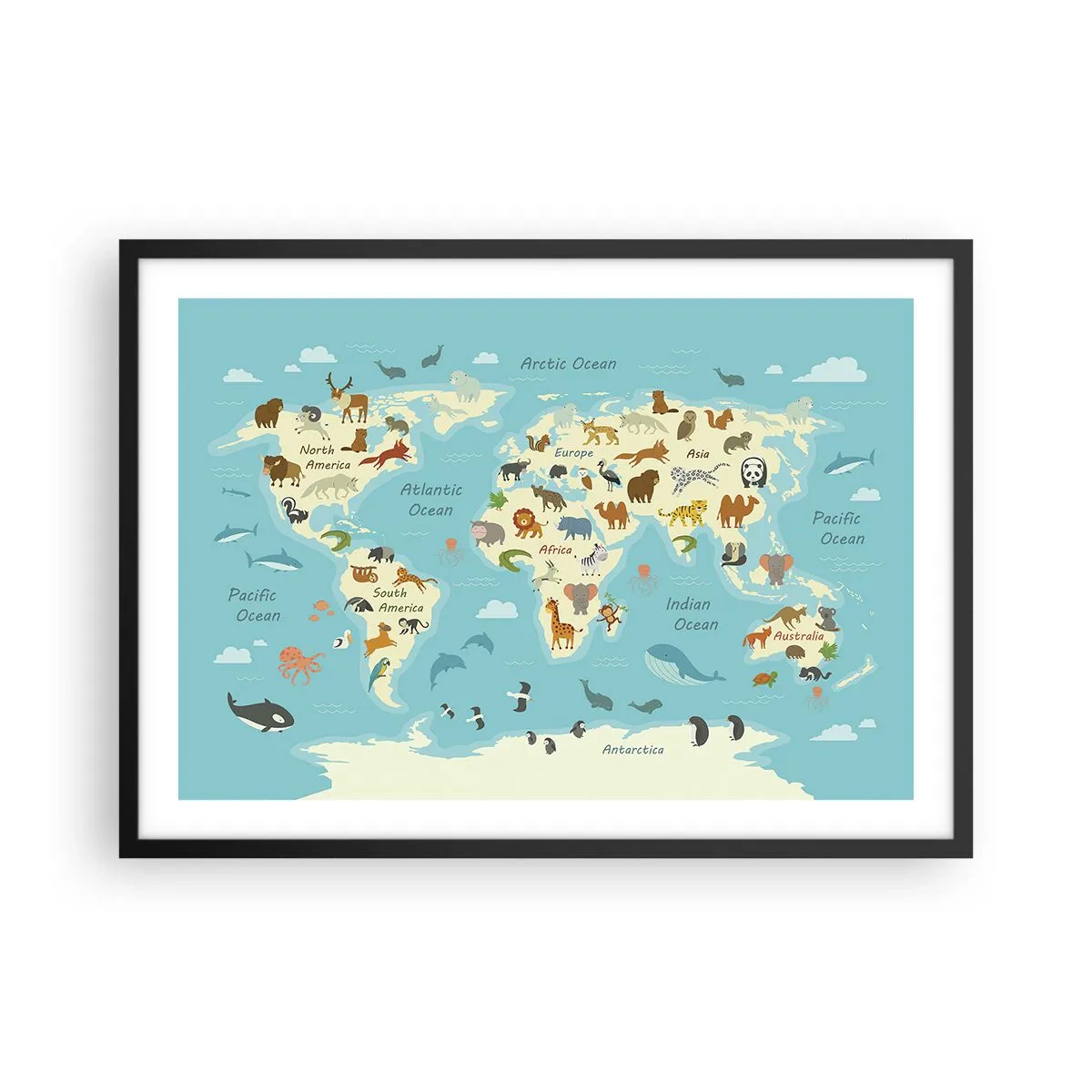 Póster en marco negro - Mapa del mundo con ilustraciones de animales - 70x50cm - Buenos vecinos - Decoración de pared moderna para salón y dormitorio ARTTOR