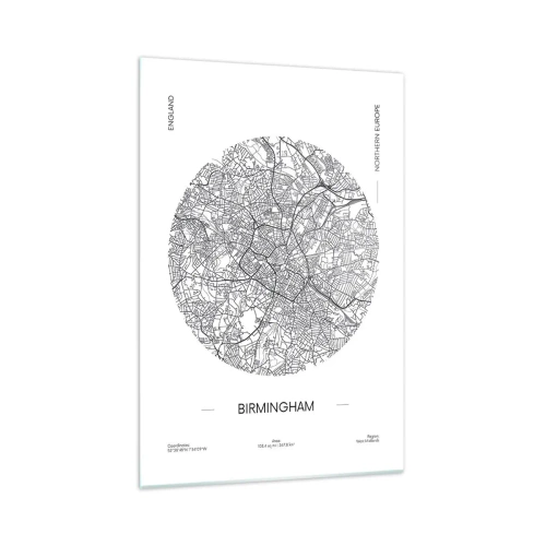 Cuadro sobre vidrio - Impresiones sobre Vidrio - Un mapa minimalista en blanco y negro de Birmingham con detalles precisos. - 70x100cm - Anatomía de Birmingham - Decoración de pared moderna para salón y dormitorio ARTTOR