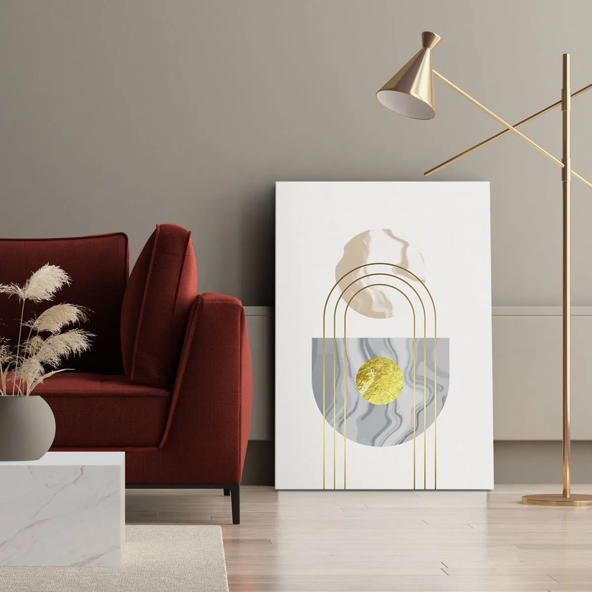 Cuadro sobre lienzo - Impresión de Imagen - Composición abstracta con círculos y líneas doradas sobre fondo claro. - 80x120cm - Brillo y resplandor - Decoración de pared moderna para salón y dormitorio ARTTOR