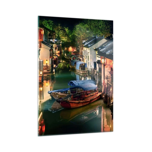 Cuadro sobre vidrio - Impresiones sobre Vidrio - Calle china de noche con barcos y luces a lo largo del canal. - 50x70cm - Noche en una calle china - Decoración de pared moderna para salón y dormitorio ARTTOR