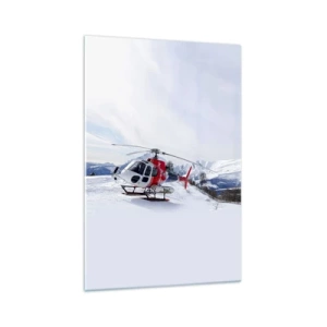 Cuadro sobre vidrio - Impresiones sobre Vidrio - Un helicóptero rojo contra un paisaje de montaña nevada. - 70x100cm - Siempre listo - Decoración de pared moderna para salón y dormitorio ARTTOR