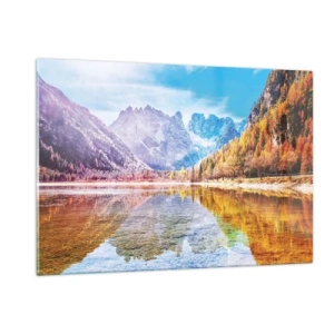 Cuadro sobre vidrio - Impresiones sobre Vidrio - Montañas otoñales reflejadas en el lago, rodeadas de árboles coloridos. - 120x80cm - Ya es otoño en las montañas - Decoración de pared moderna para salón y dormitorio ARTTOR
