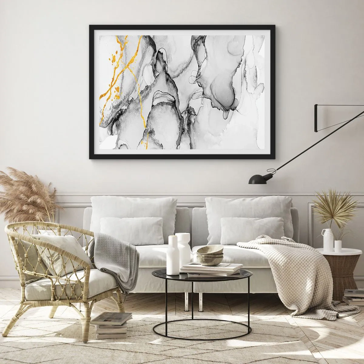 Póster en marco negro - Patrones abstractos en blanco y negro con acentos dorados - 70x50cm - Composición con motivo de oro - Decoración de pared moderna para salón y dormitorio ARTTOR