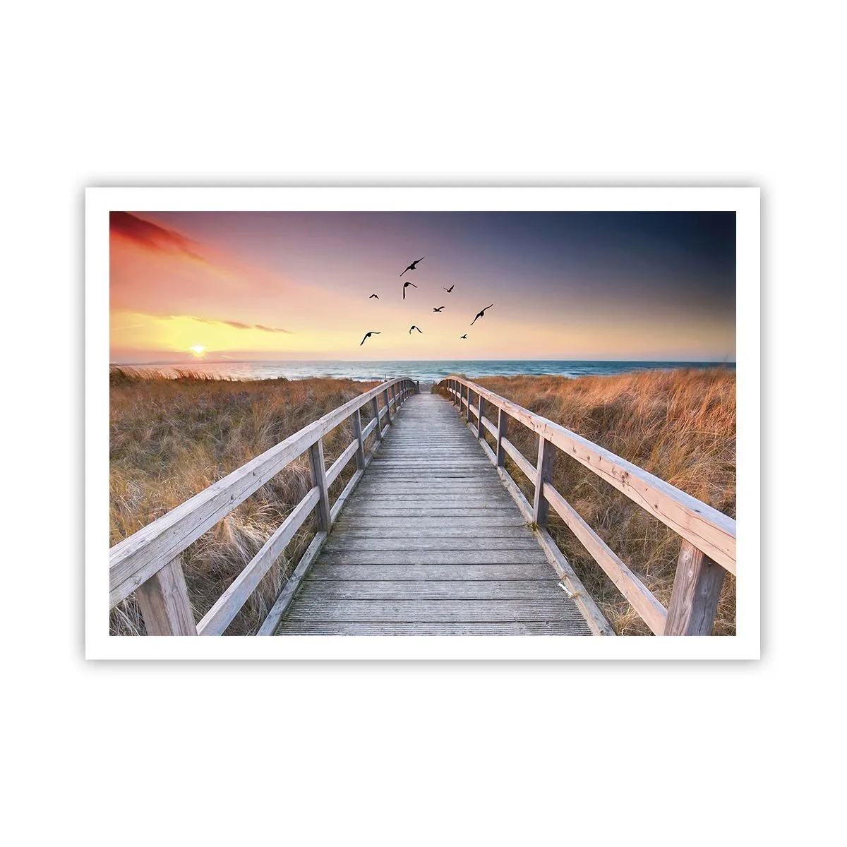 Póster - Muelle de madera que conduce a la playa al atardecer - 100x70cm - Camino a lo desconocido - Decoración de pared moderna para salón y dormitorio ARTTOR
