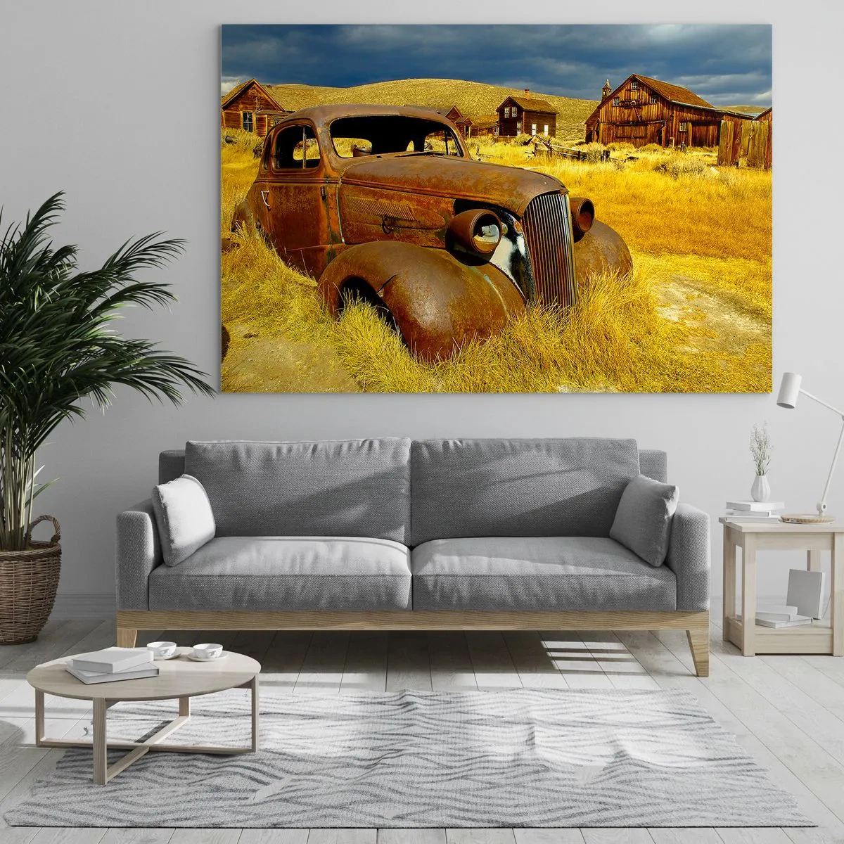 Cuadro sobre vidrio - Impresiones sobre Vidrio - Un coche clásico con el telón de fondo de un pueblo desierto. - 100x70cm - Un merecido descanso - Decoración de pared moderna para salón y dormitorio ARTTOR