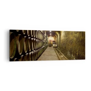 Cuadro sobre lienzo - Impresión de Imagen - Una bodega con barriles de vino de madera dispuestos en filas. - 140x50cm - El placer  - Decoración de pared moderna para salón y dormitorio ARTTOR