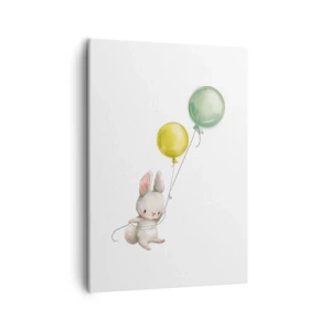 Cuadro sobre lienzo - Impresión de Imagen - Un conejo sosteniendo globos de colores pastel. - 50x70cm - ¡Yo también volaré! - Decoración de pared moderna para salón y dormitorio ARTTOR