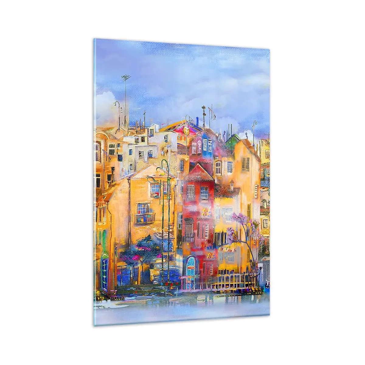 Cuadro sobre vidrio - Impresiones sobre Vidrio - Edificios urbanos coloridos de estilo artístico - 80x120cm - Estamos juntos - Decoración de pared moderna para salón y dormitorio ARTTOR