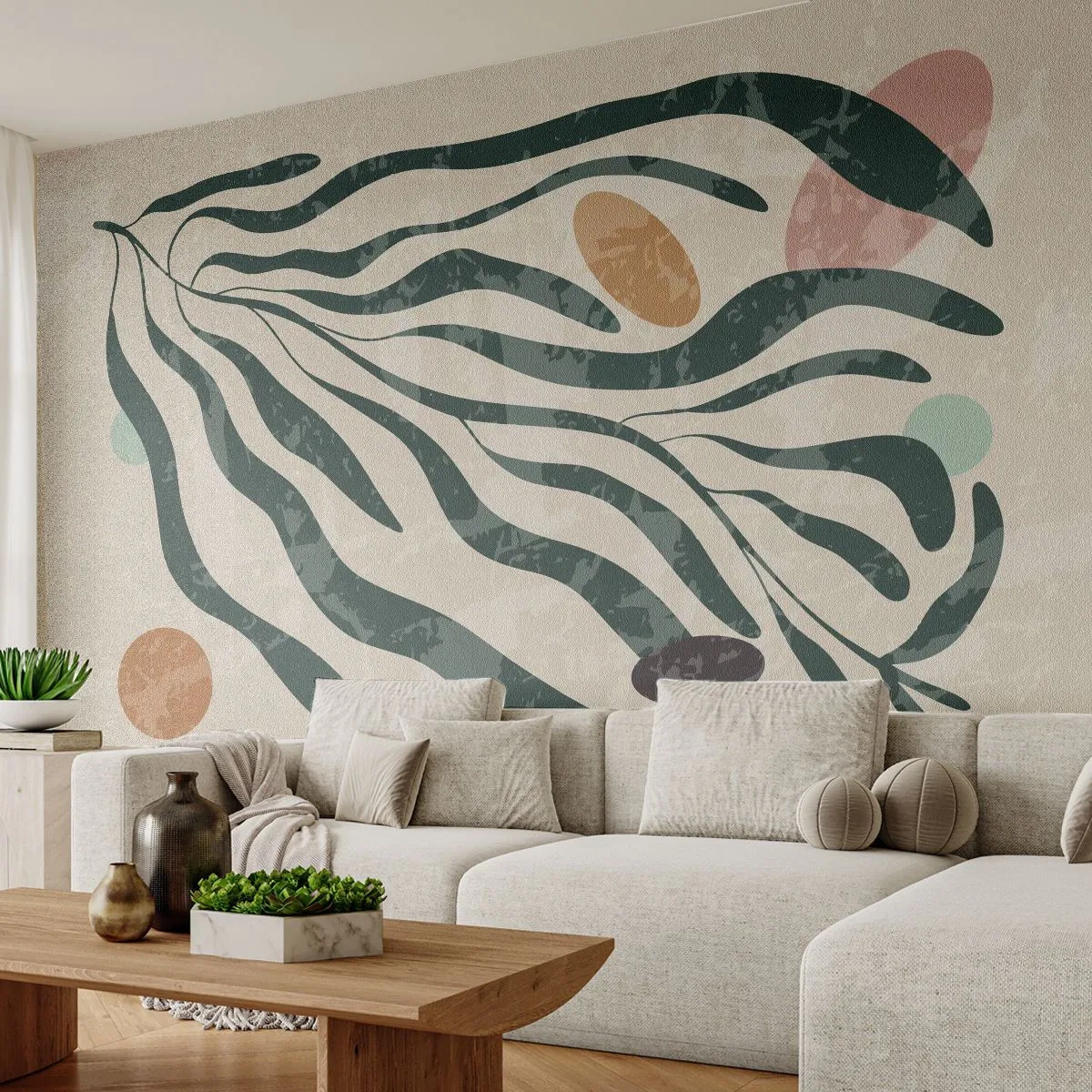 Fotomural Premium Sand - Formas verdes orgánicas con acentos coloridos. - 100x70cm - Entre verdes - Decoración de pared moderna para salón y dormitorio ARTTOR
