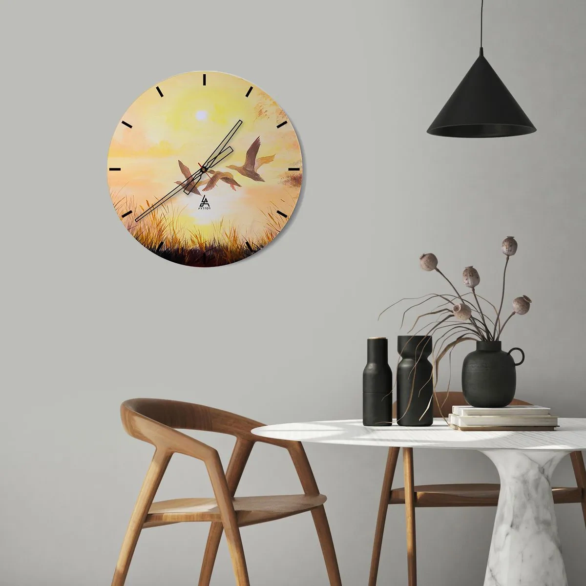 Reloj de pared - Reloj de vidrio - Patos volando con el sol poniente y la hierba como telón de fondo - 30x30cm - El comienzo de un largo viaje - Decoración de pared moderna para salón, cocina y dormitorio ARTTOR