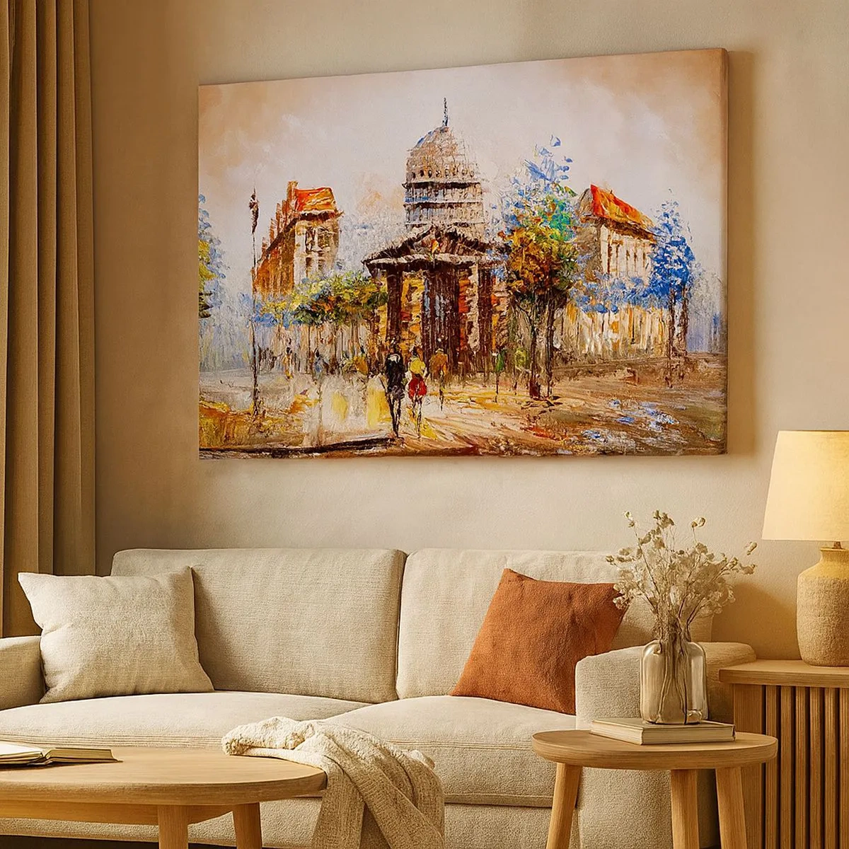 Cuadro sobre lienzo - Impresión de Imagen - Escena urbana impresionista con un edificio histórico. - 70x50cm - Un paseo parisino - Decoración de pared moderna para salón y dormitorio ARTTOR