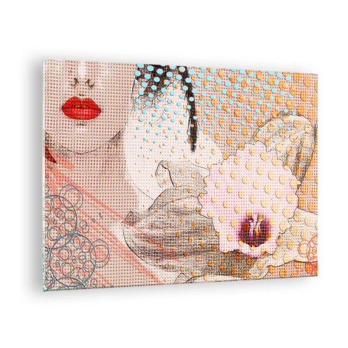 Cuadro sobre vidrio - Impresiones sobre Vidrio - Ilustración de un retrato de una mujer con una flor al fondo en estilo pop art. - 70x50cm - Heroína de cómic - Decoración de pared moderna para salón y dormitorio ARTTOR