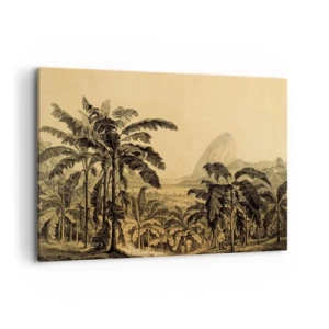Cuadro sobre lienzo - Impresión de Imagen - Dibujo de árboles de plátano sobre un fondo de paisaje tropical. - 120x80cm - En un ambiente colonial - Decoración de pared moderna para salón y dormitorio ARTTOR