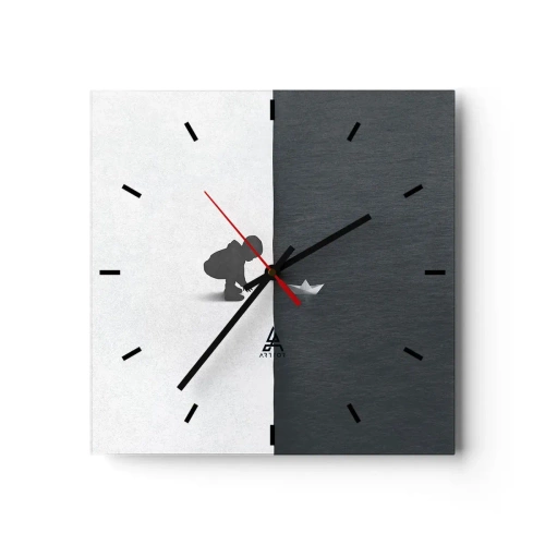 Reloj de pared - Reloj de vidrio - Figura de un niño con un barquito de papel sobre un fondo de mitades contrastantes. - 30x30cm - Una gran expedición náutica - Decoración de pared moderna para salón y dormitorio ARTTOR