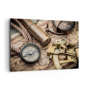 Cuadro sobre lienzo - Impresión de Imagen - Una brújula, un sextante y un telescopio sobre el fondo de un mapa antiguo y una cuerda náutica. - 100x70cm - Establecer un rumbo - Decoración de pared moderna para salón y dormitorio ARTTOR