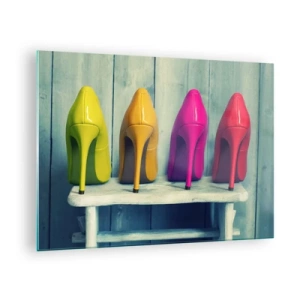 Cuadro sobre vidrio - Impresiones sobre Vidrio - Cuatro alfileres de colores dispuestos en un banco de madera. - 70x50cm - Caminando sobre un arco iris - Decoración de pared moderna para salón y dormitorio ARTTOR