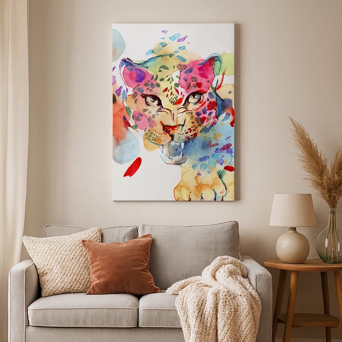 Cuadro sobre lienzo - Impresión de Imagen - Retrato abstracto de un leopardo en colores intensos. - 50x70cm - La bella y la bestia - Decoración de pared moderna para salón y dormitorio ARTTOR