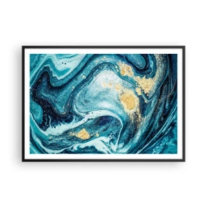 Póster en marco negro - Una composición abstracta de ondas y acentos dorados. - 100x70cm - Vórtice azul - Decoración de pared moderna para salón y dormitorio ARTTOR