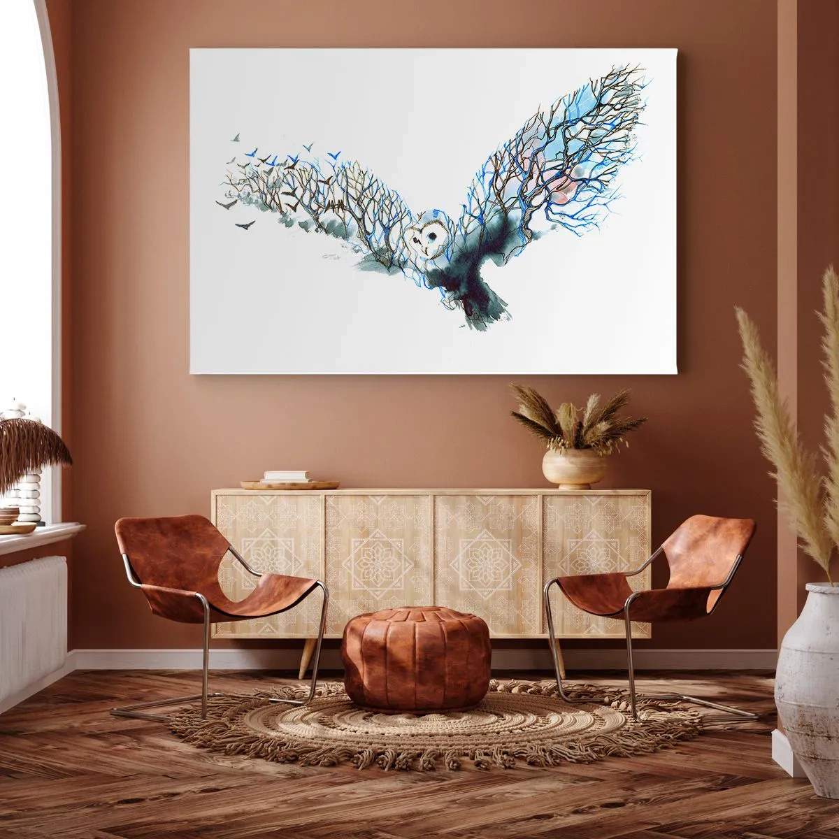 Cuadro sobre lienzo - Impresión de Imagen - Gráfico artístico de un búho con las alas extendidas. - 70x50cm - En las alas del bosque - Decoración de pared moderna para salón y dormitorio ARTTOR