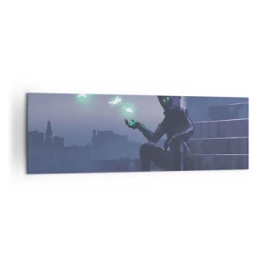 Cuadro sobre lienzo - Impresión de Imagen - Una figura encapuchada con pájaros mágicos en el fondo de una ciudad. - 160x50cm - La vida volverá - Decoración de pared moderna para salón y dormitorio ARTTOR