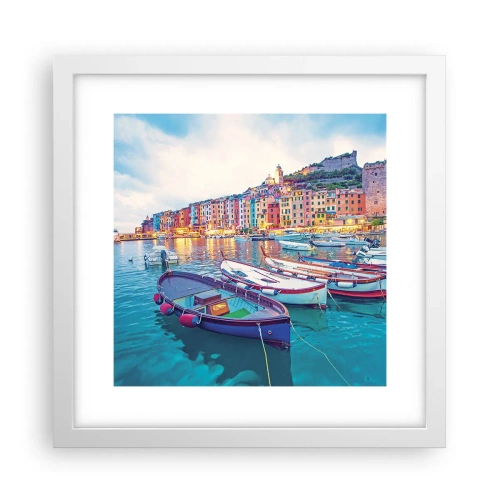 Póster en marco blanco - Una noche colorida en el puerto - 30x30 cm