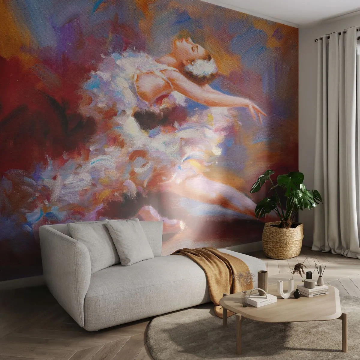 Fotomural Premium Sand - Una bailarina con un vestido blanco realiza una danza artística. - 100x70cm - El lago de los cisnes - Decoración de pared moderna para salón y dormitorio ARTTOR