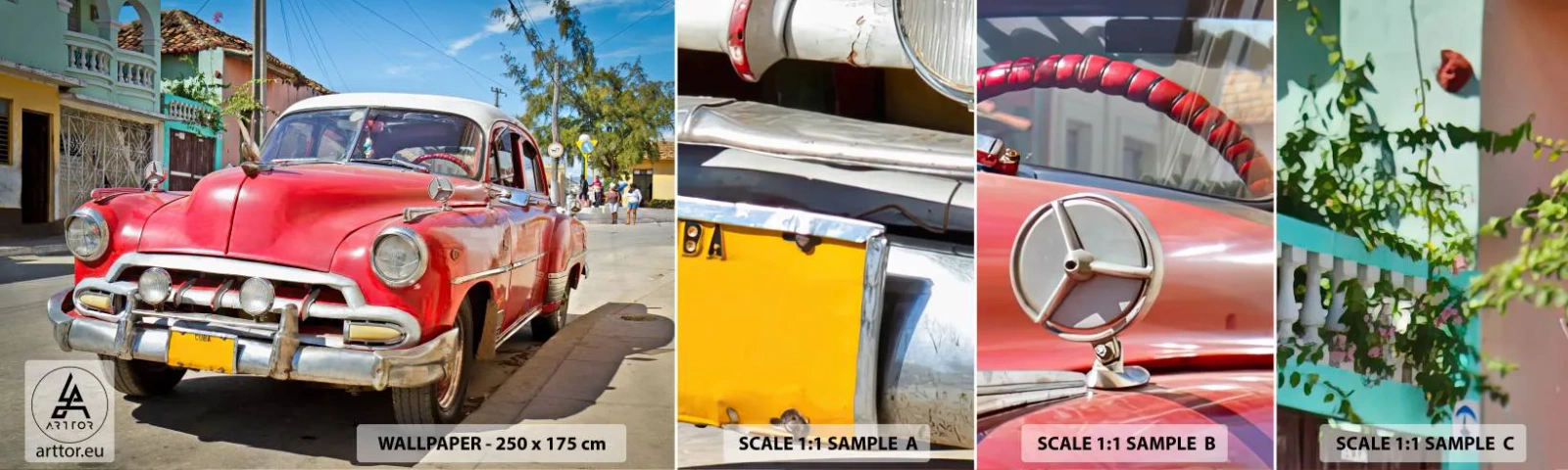 Muestra de fotomural autoadhesivo Deluxe Sticker - Solo en Cuba - Automotor, Auto Vintage, Arquitectura - 100x30 cm