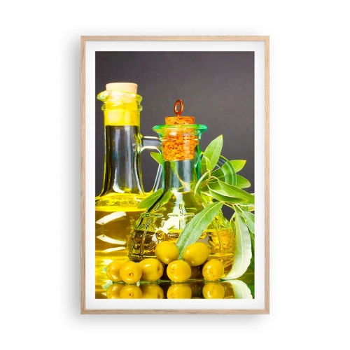 Póster en marco roble claro - Bodegón con aceitunas y aceite - 61x91 cm