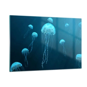 Cuadro sobre vidrio - Impresiones sobre Vidrio - Medusas flotando en el océano azul profundo - 120x80cm - Danza oceánica - Decoración de pared moderna para salón y dormitorio ARTTOR