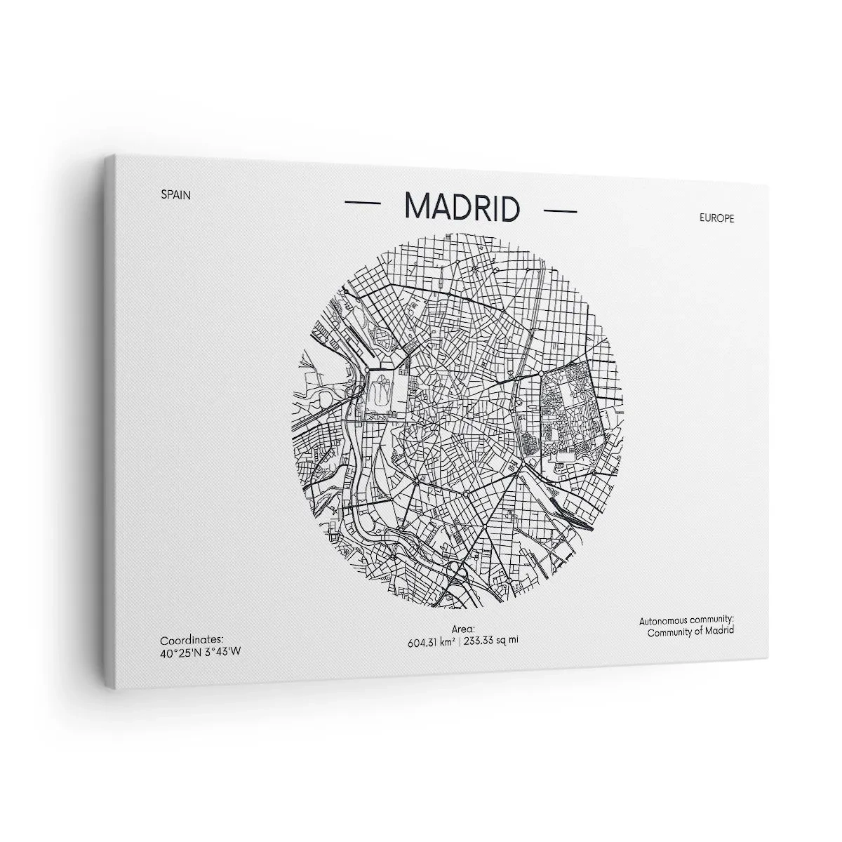 Cuadro sobre lienzo - Impresión de Imagen - Mapa de Madrid en estilo minimalista en blanco y negro - 70x50cm - Anatomía de Madrid - Decoración de pared moderna para salón y dormitorio ARTTOR