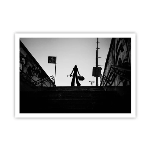 Póster - Una figura de mujer en las escaleras en blanco y negro con una atmósfera dinámica. - 100x70cm - Paseo urbano - Decoración de pared moderna para salón y dormitorio ARTTOR