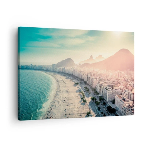 Cuadro sobre lienzo - Impresión de Imagen - Panorama de la playa de Copacabana con montañas al fondo en Río de Janeiro - 70x50cm - Vacaciones perpetuas en Río - Decoración de pared moderna para salón y dormitorio ARTTOR