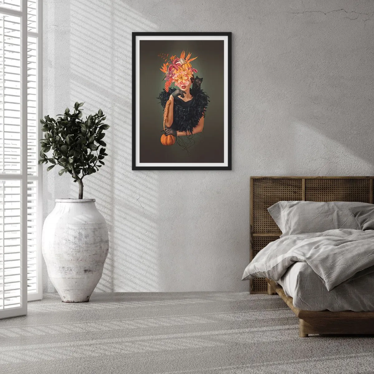Póster en marco negro - Retrato artístico de una mujer con flores, una calabaza y un gato negro. - 50x70cm - Hechizo de bruja - Decoración de pared moderna para salón y dormitorio ARTTOR