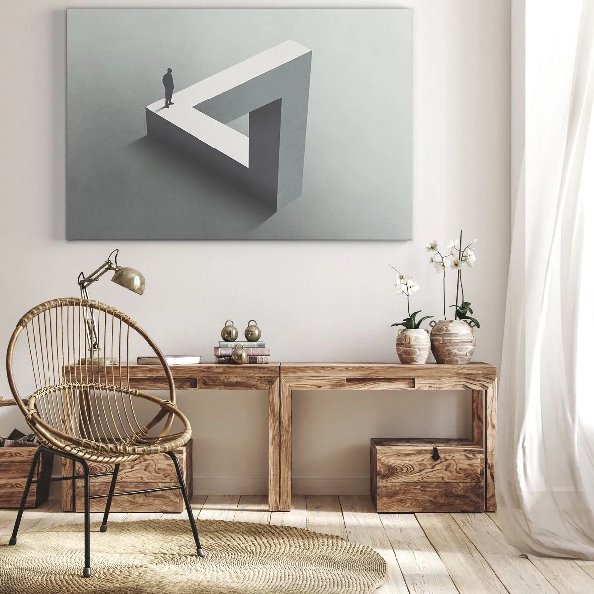 Cuadro sobre lienzo - Impresión de Imagen - Una figura parada sobre un triángulo de Penrose en tonos de gris. - 70x50cm - Y, sin embargo, es posible - Decoración de pared moderna para salón y dormitorio ARTTOR