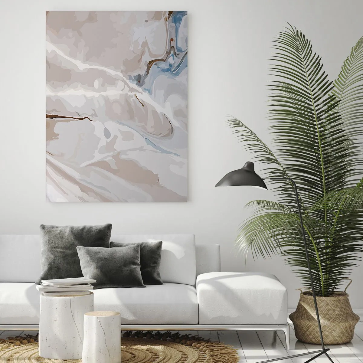 Cuadro sobre vidrio - Impresiones sobre Vidrio - Patrón abstracto en tonos de blanco y azul. - 80x120cm - El azul serpentea por el blanco - Decoración de pared moderna para salón y dormitorio ARTTOR