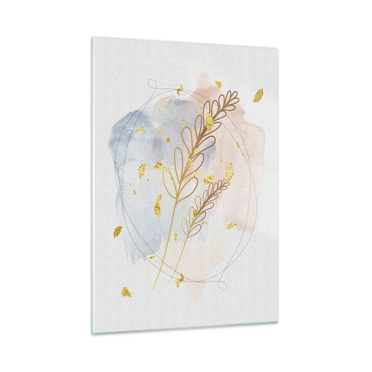 Cuadro sobre vidrio - Impresiones sobre Vidrio - Una delicada composición con ramitas y hojas doradas en acuarela. - 50x70cm - Ráfaga dorada - Decoración de pared moderna para salón y dormitorio ARTTOR