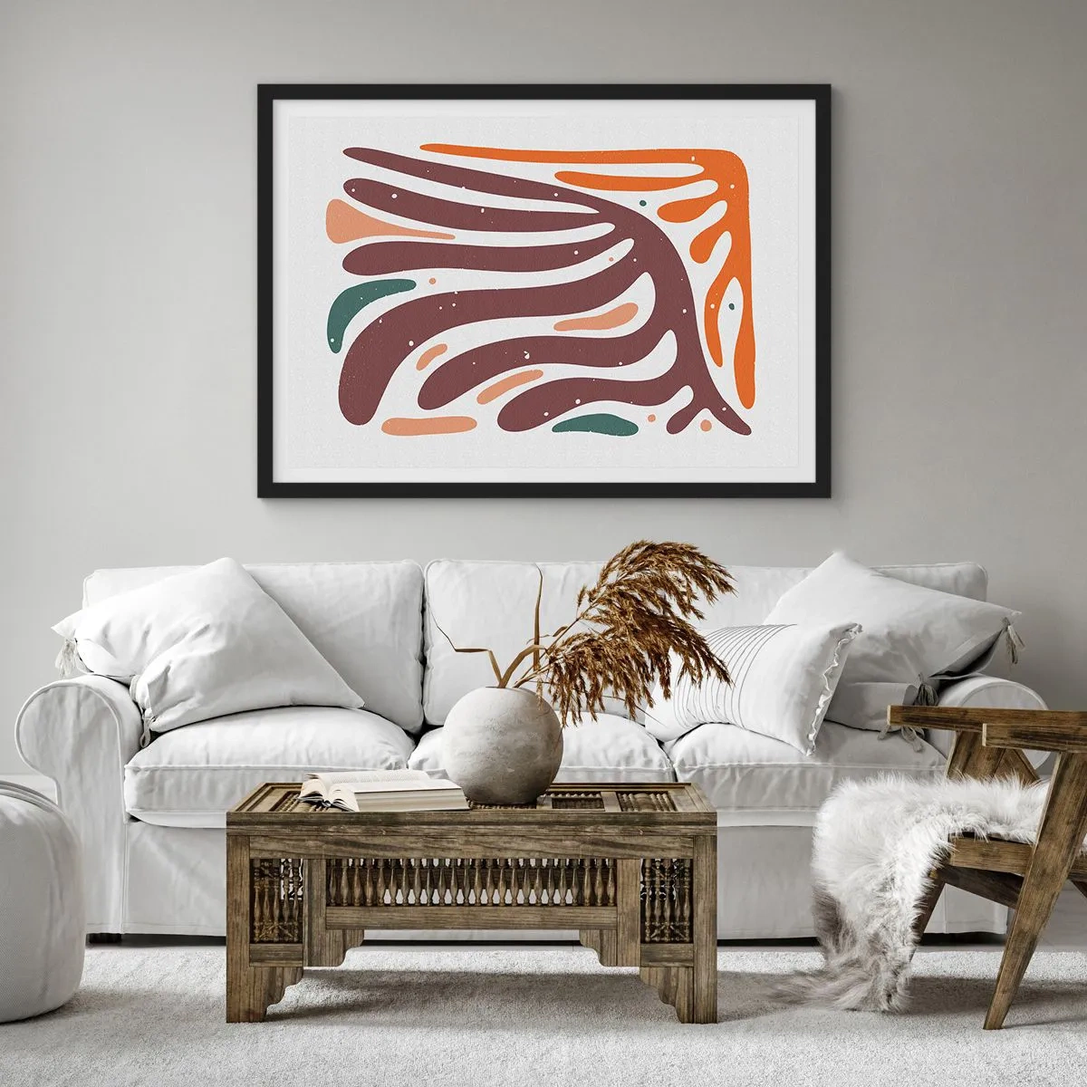 Póster en marco negro - Patrón orgánico con líneas radiantes en tonos cálidos. - 70x50cm - Composición orgánica - Decoración de pared moderna para salón y dormitorio ARTTOR