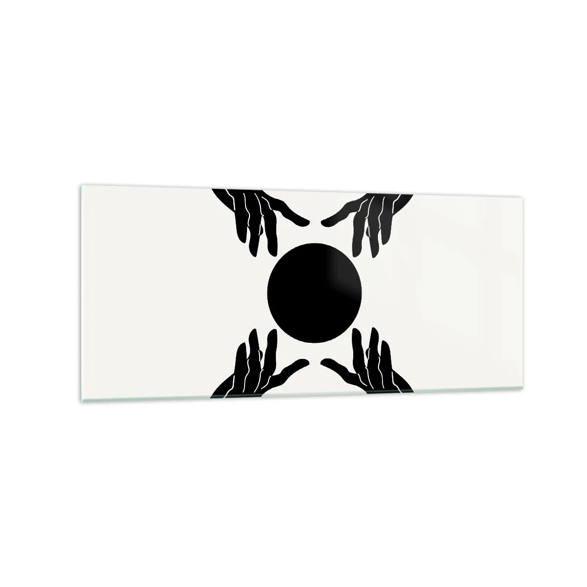 Cuadro sobre vidrio - Impresiones sobre Vidrio - Manos negras en una composición simétrica con una pelota. - 120x50cm - Una señal secreta - Decoración de pared moderna para salón y dormitorio ARTTOR