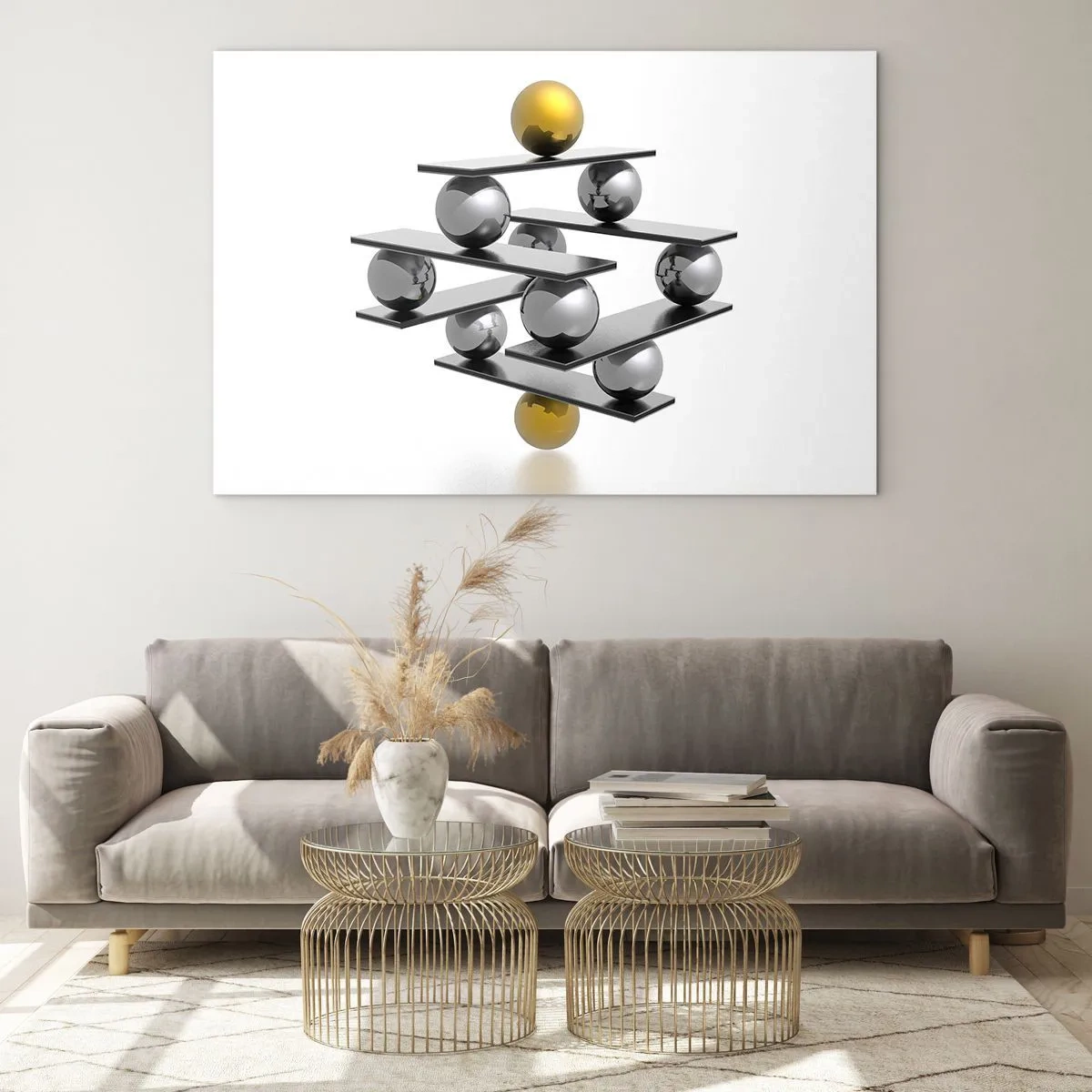 Cuadro sobre vidrio - Impresiones sobre Vidrio - Composición geométrica con bolas y plataformas sobre fondo blanco. - 70x50cm - Balance de oro y plata - Decoración de pared moderna para salón y dormitorio ARTTOR