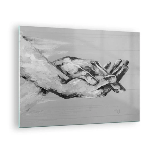 Cuadro sobre vidrio - Impresiones sobre Vidrio - Pintura en blanco y negro de dos manos que se extienden una hacia la otra. - 70x50cm - El comienzo... - Decoración de pared moderna para salón y dormitorio ARTTOR