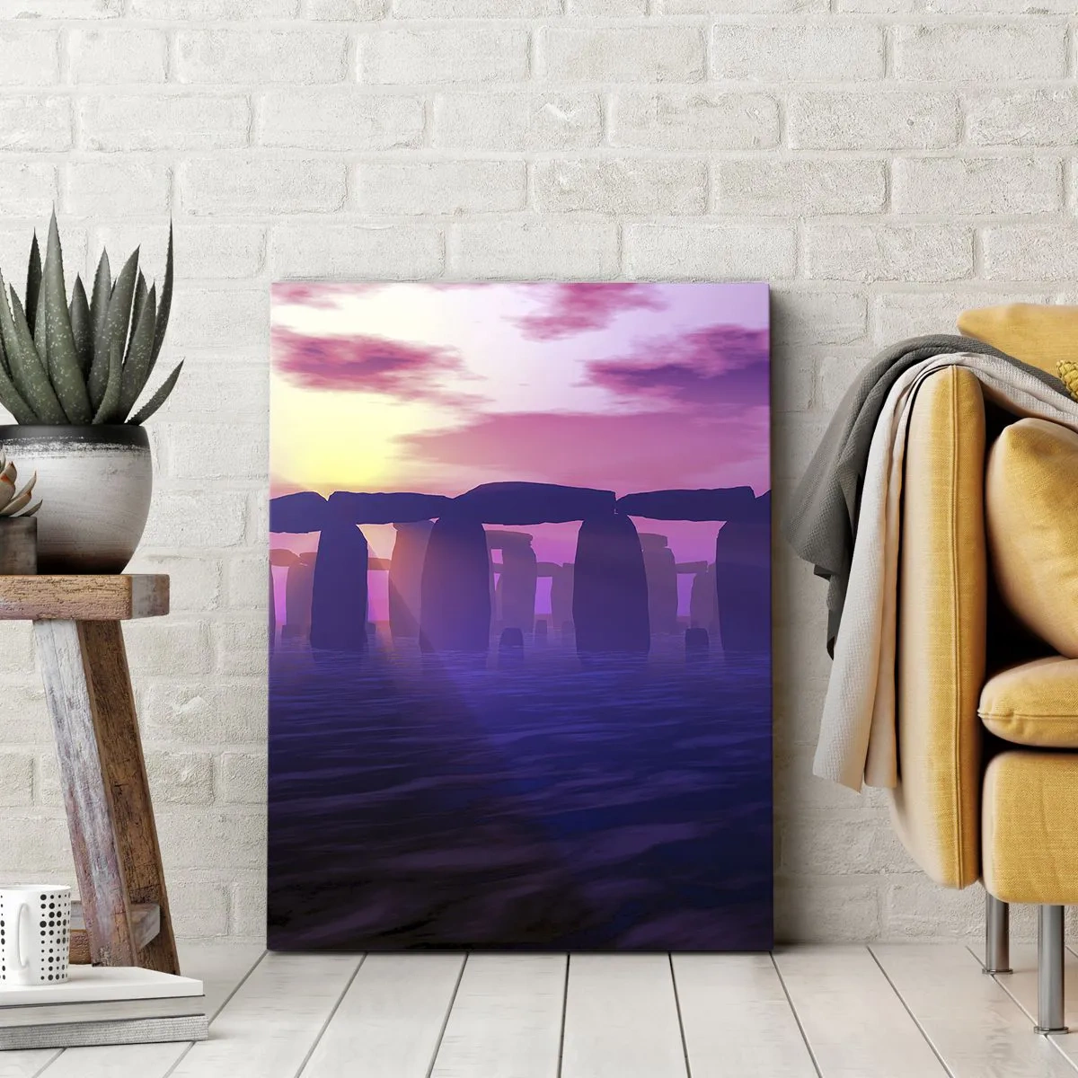Cuadro sobre lienzo - Impresión de Imagen - Círculo de piedras al atardecer con un cielo violeta - 50x70cm - Misterio al amanecer en la niebla - Decoración de pared moderna para salón y dormitorio ARTTOR