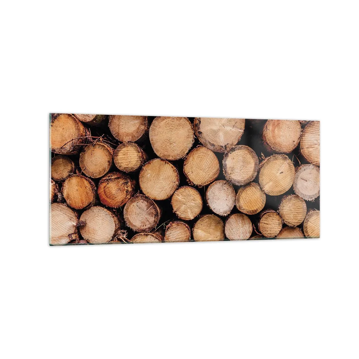 Cuadro sobre vidrio - Impresiones sobre Vidrio - Montones de troncos de árboles talados dispuestos en armonía - 120x50cm - Un nuevo comienzo - Decoración de pared moderna para salón y dormitorio ARTTOR
