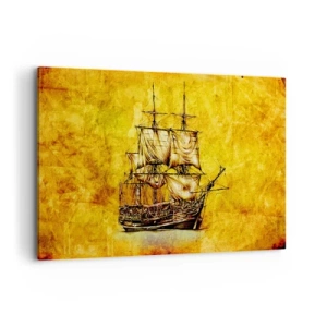 Cuadro sobre lienzo - Impresión de Imagen - Un dibujo estilizado de un velero sobre un fondo dorado con un toque vintage. - 120x80cm - ¡Rumbo a la isla Tortuga! - Decoración de pared moderna para salón y dormitorio ARTTOR