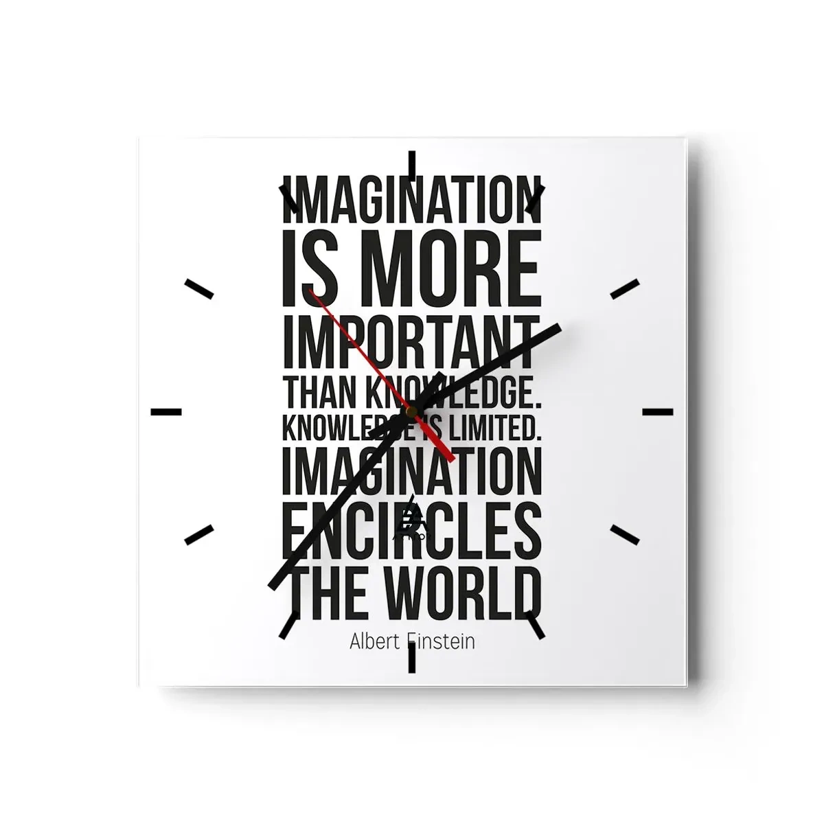 Reloj de pared - Reloj de vidrio - Einstein, sobre el poder de la imaginación - 40x40 cm