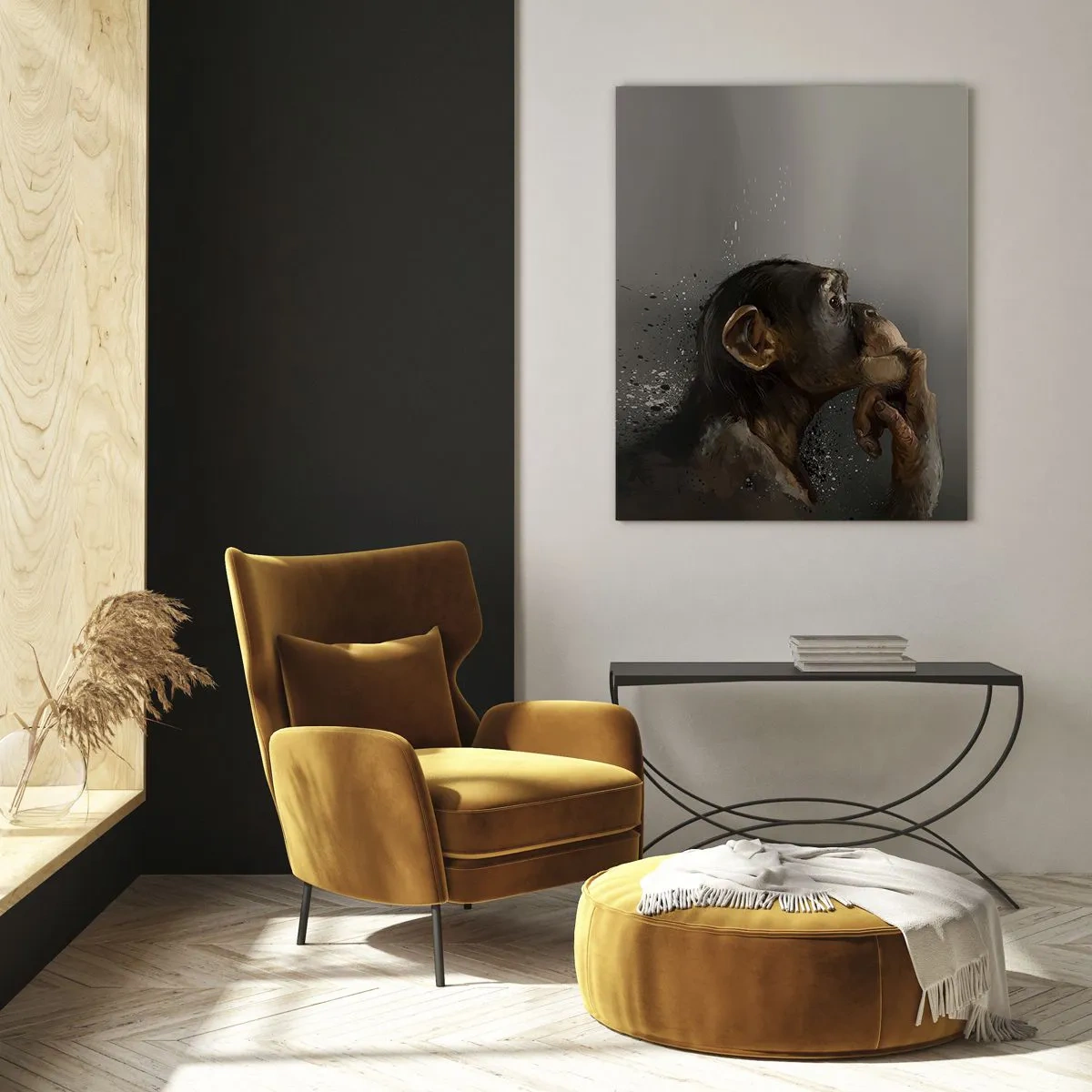 Cuadro sobre vidrio - Impresiones sobre Vidrio - Un mono pensativo sobre un fondo oscuro con efecto de salpicaduras. - 50x70cm - La evolución del pensador - Decoración de pared moderna para salón y dormitorio ARTTOR