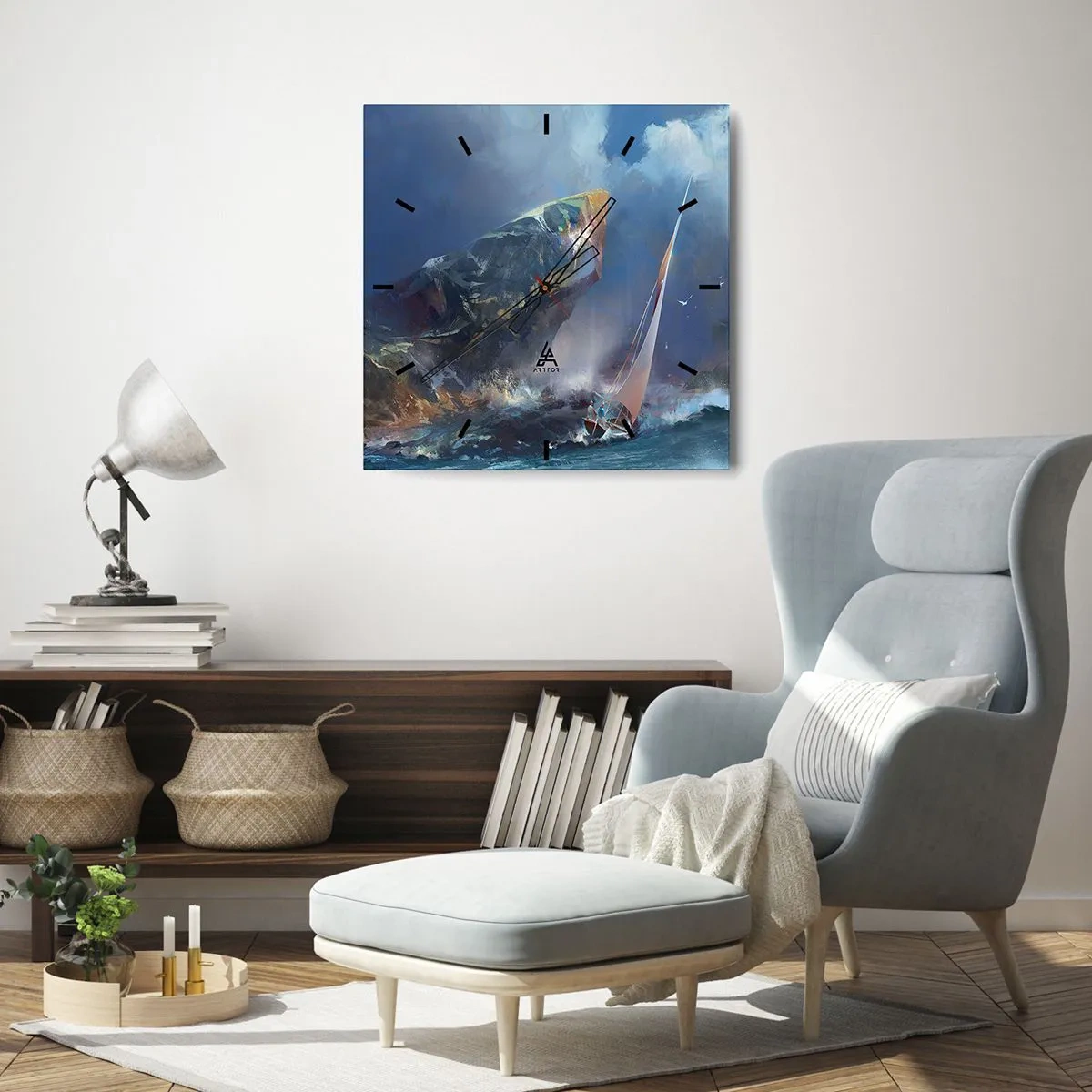 Reloj de pared - Reloj de vidrio - Un velero en medio de una tormenta al pie de una enorme roca. - 30x30cm - La gloria es para los valientes - Decoración de pared moderna para salón y dormitorio ARTTOR