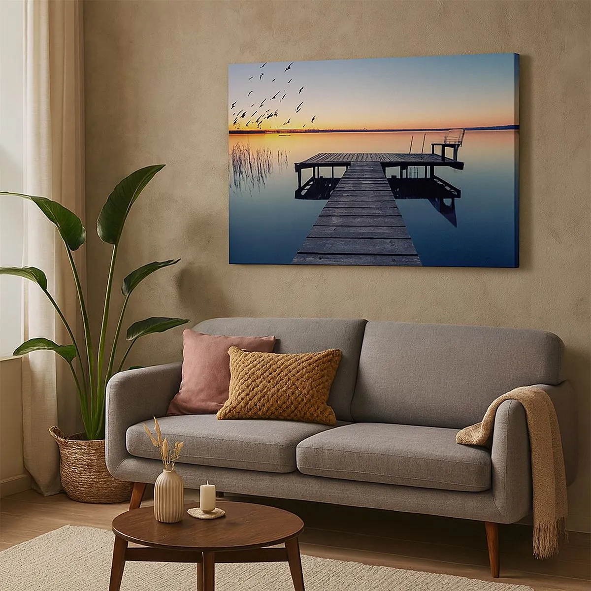 Cuadro sobre lienzo - Impresión de Imagen - Muelle de madera en un lago al amanecer con pájaros - 70x50cm - Fue un buen día - Decoración de pared moderna para salón y dormitorio ARTTOR