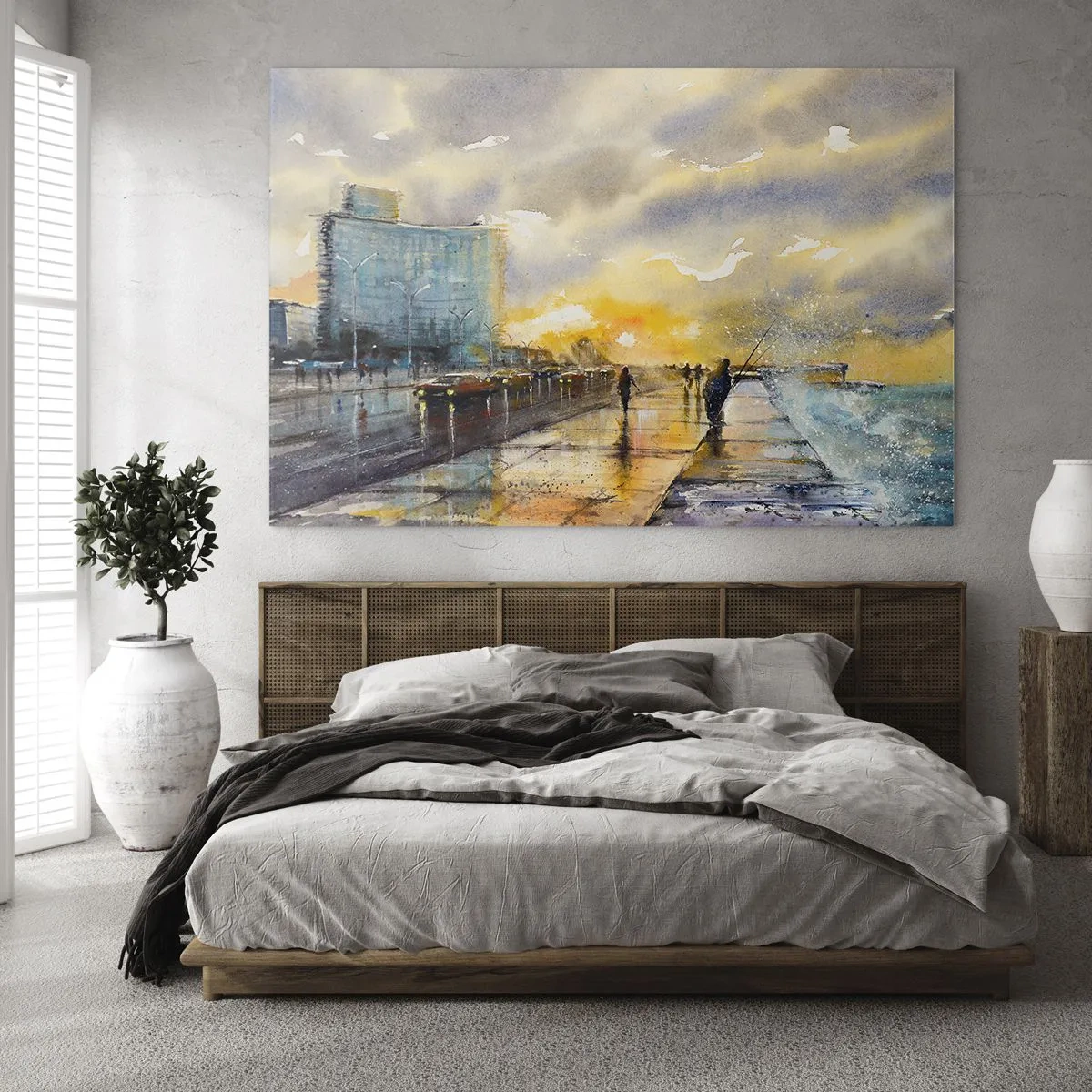 Cuadro sobre vidrio - Impresiones sobre Vidrio - Pueblo costero de acuarela con puesta de sol - 100x70cm - Vida en la orilla - Decoración de pared moderna para salón y dormitorio ARTTOR