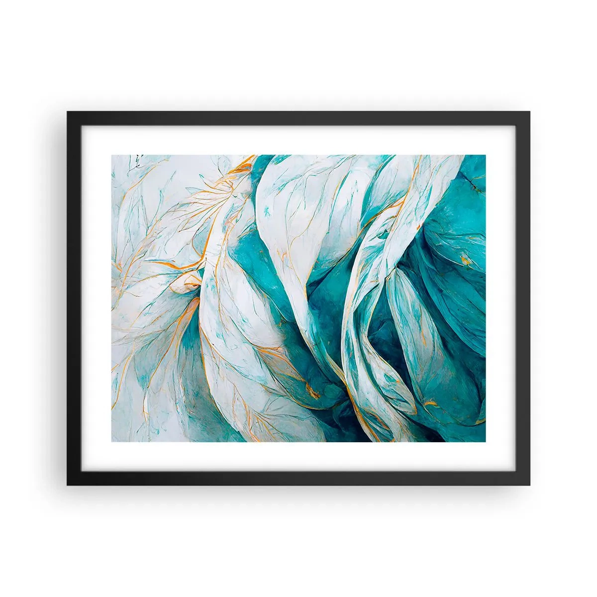 Póster en marco negro - Abstracción azul con motivos dorados - 50x40 cm